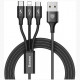 Кабель Baseus Rapid Series 3 в 1 Micro USB + Lightning + USB Type-C 1.2 м, цвет Черный (CAMLT-SU01)